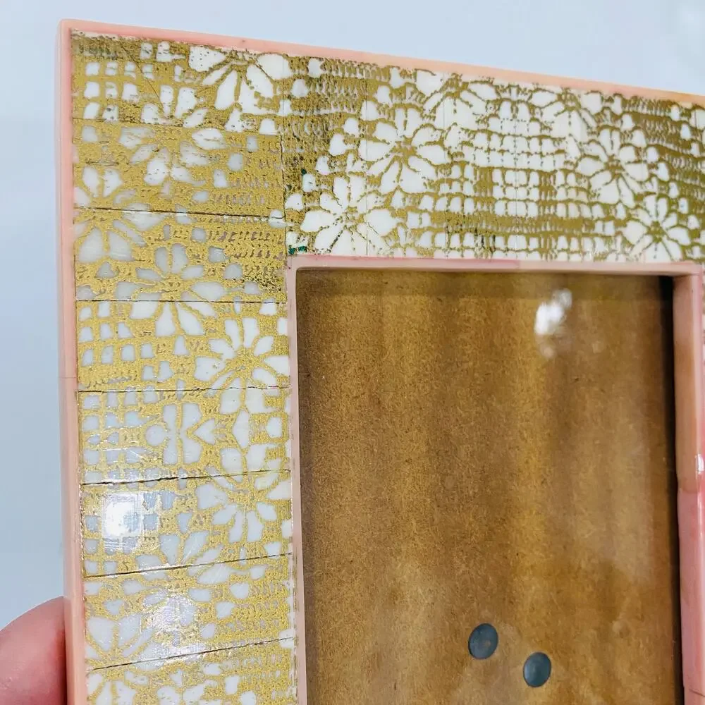 Two's Company Photo Picture Frame Standing Table Top Unique Pink Beige Batik 4x6